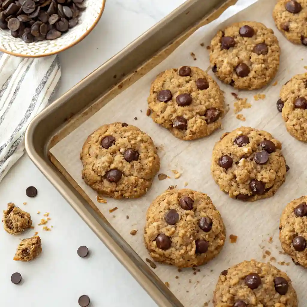 A pan of oatmeal chocolate chip cookies.