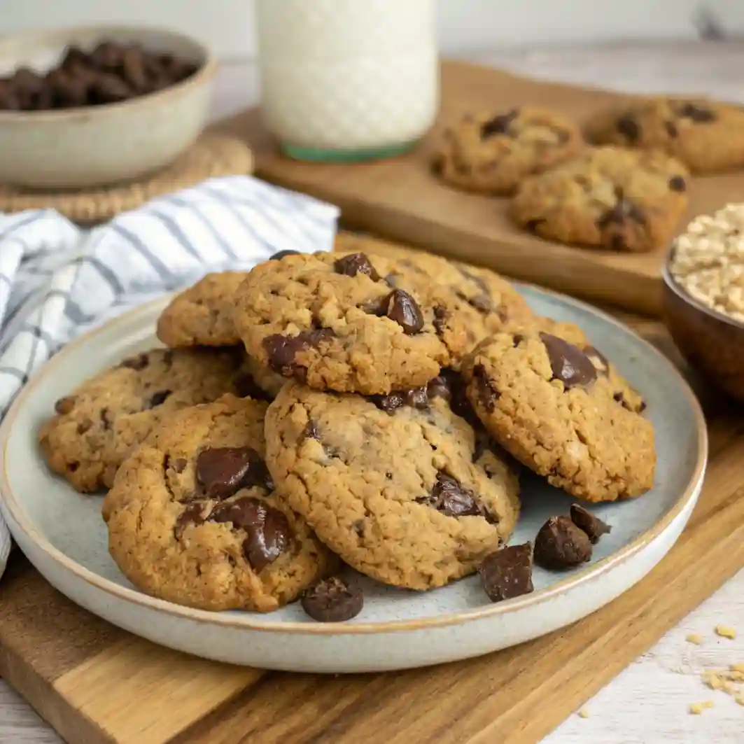 A plate of oatmeal chocolate chip cookies.