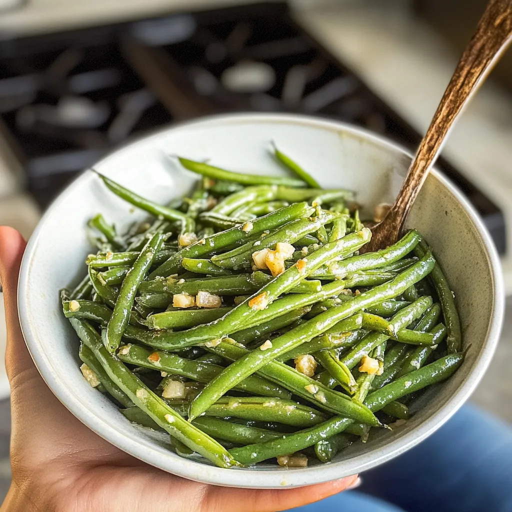A bowl of sautéed green beans with garlic.