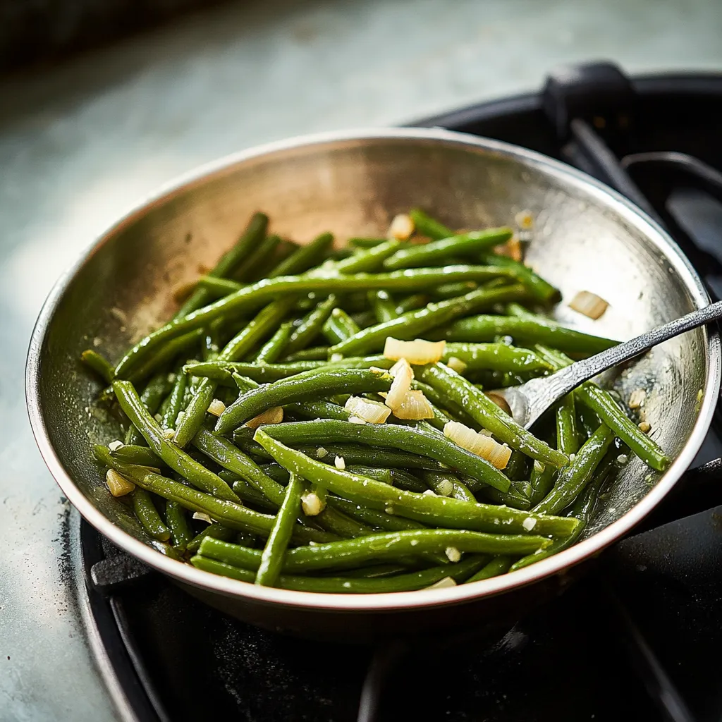 A pan of sautéed green beans with garlic.