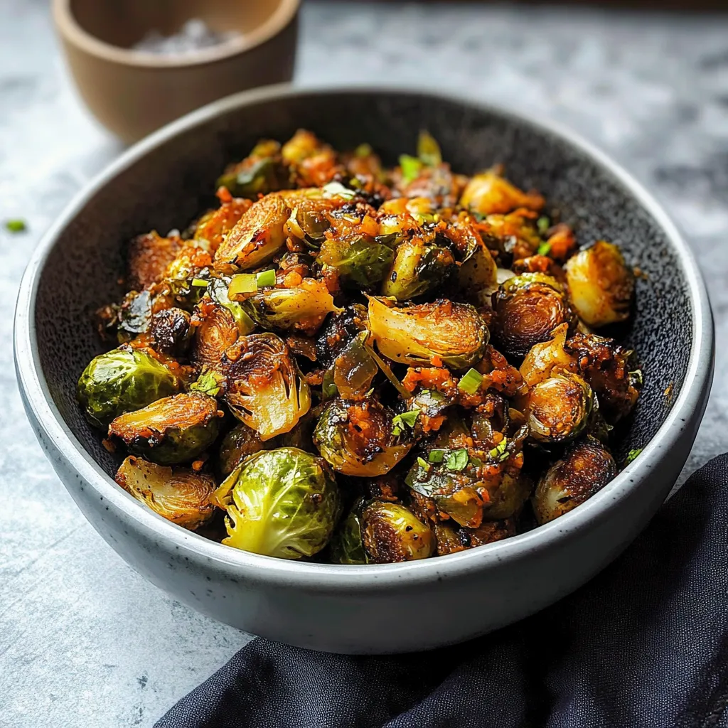 A bowl of spicy Brussels sprouts.