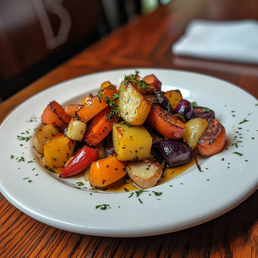 A plate of roasted vegetables.