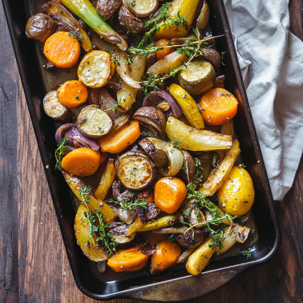 A pan of roasted vegetables.