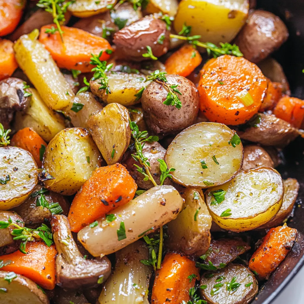 A dish of roasted vegetables.