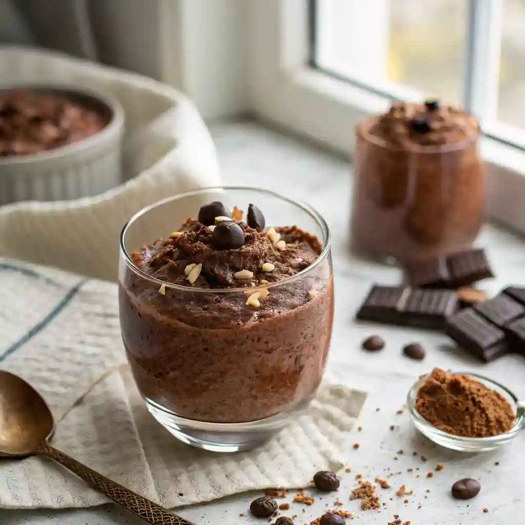 A glass of chocolate chia pudding.