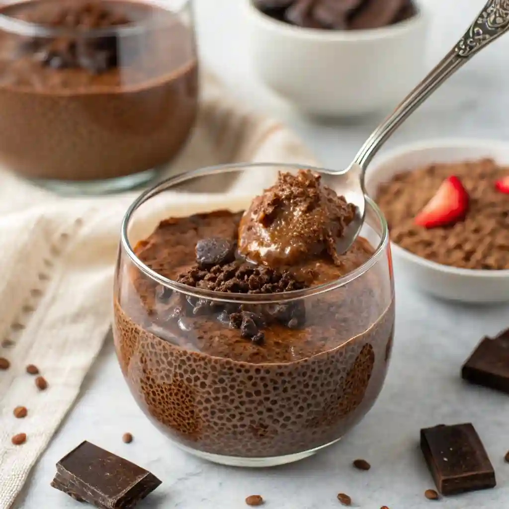 A glass of chocolate chia pudding with a spoon in it.