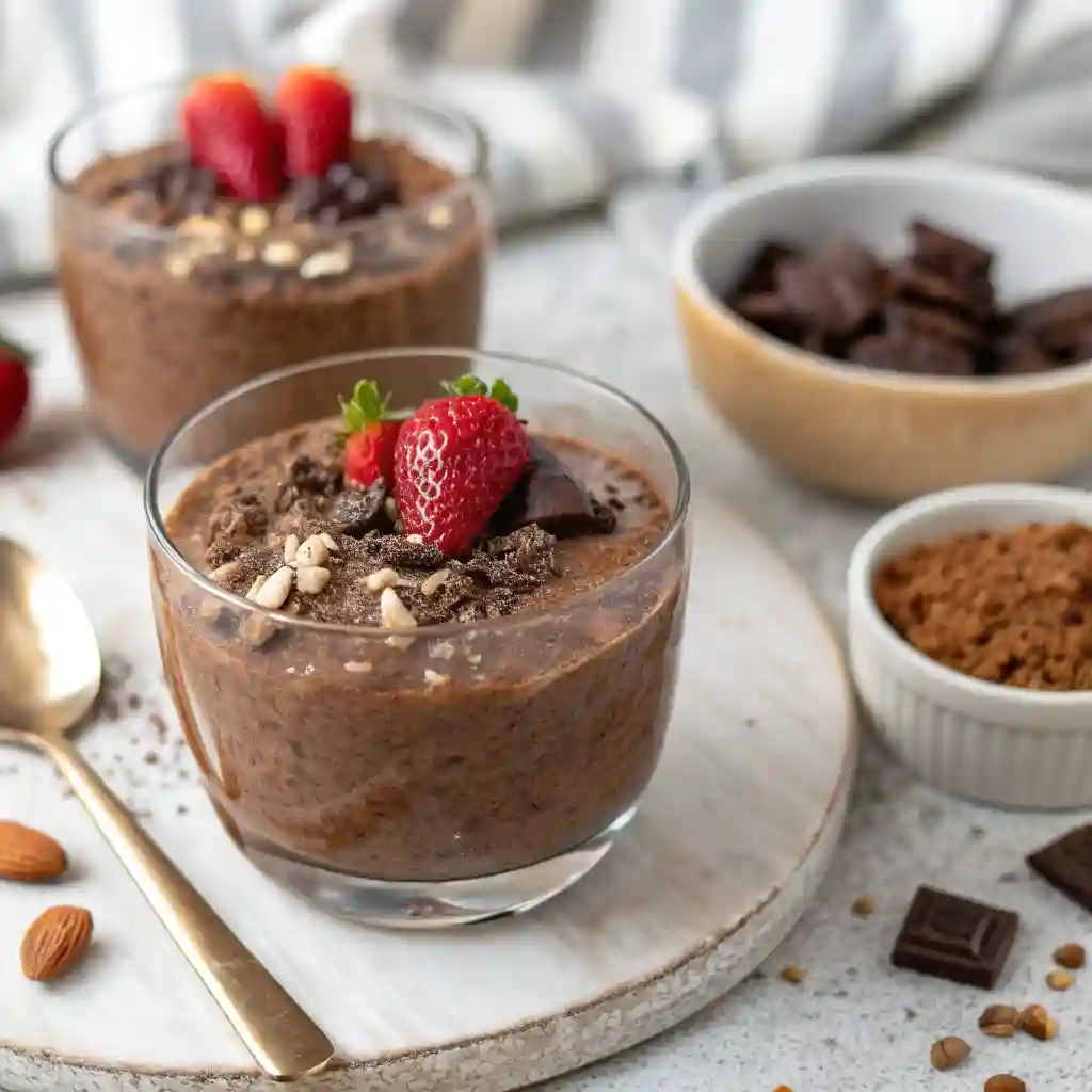 Two glasses of chocolate chia pudding with strawberries on top.