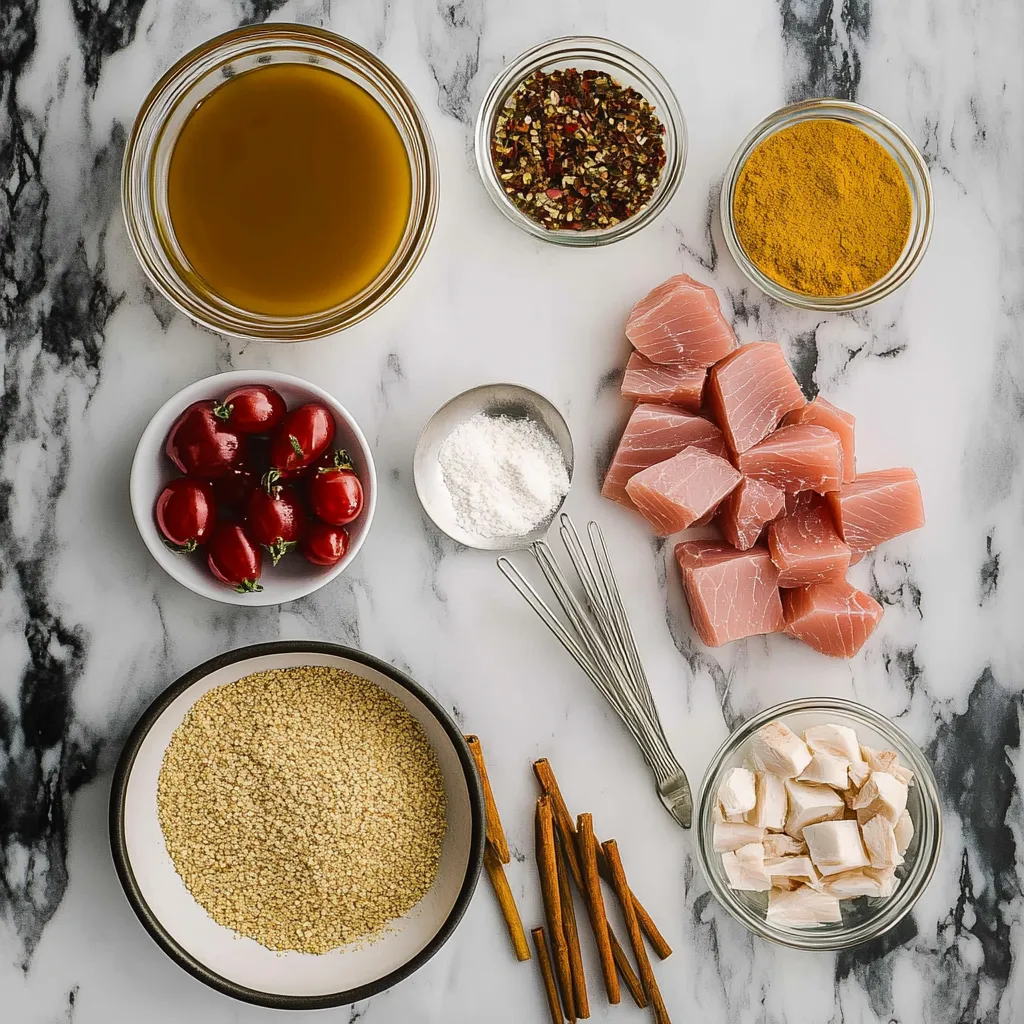 A bowl of tomatoes, a bowl of rice, a bowl of meat, and a bowl of spices.