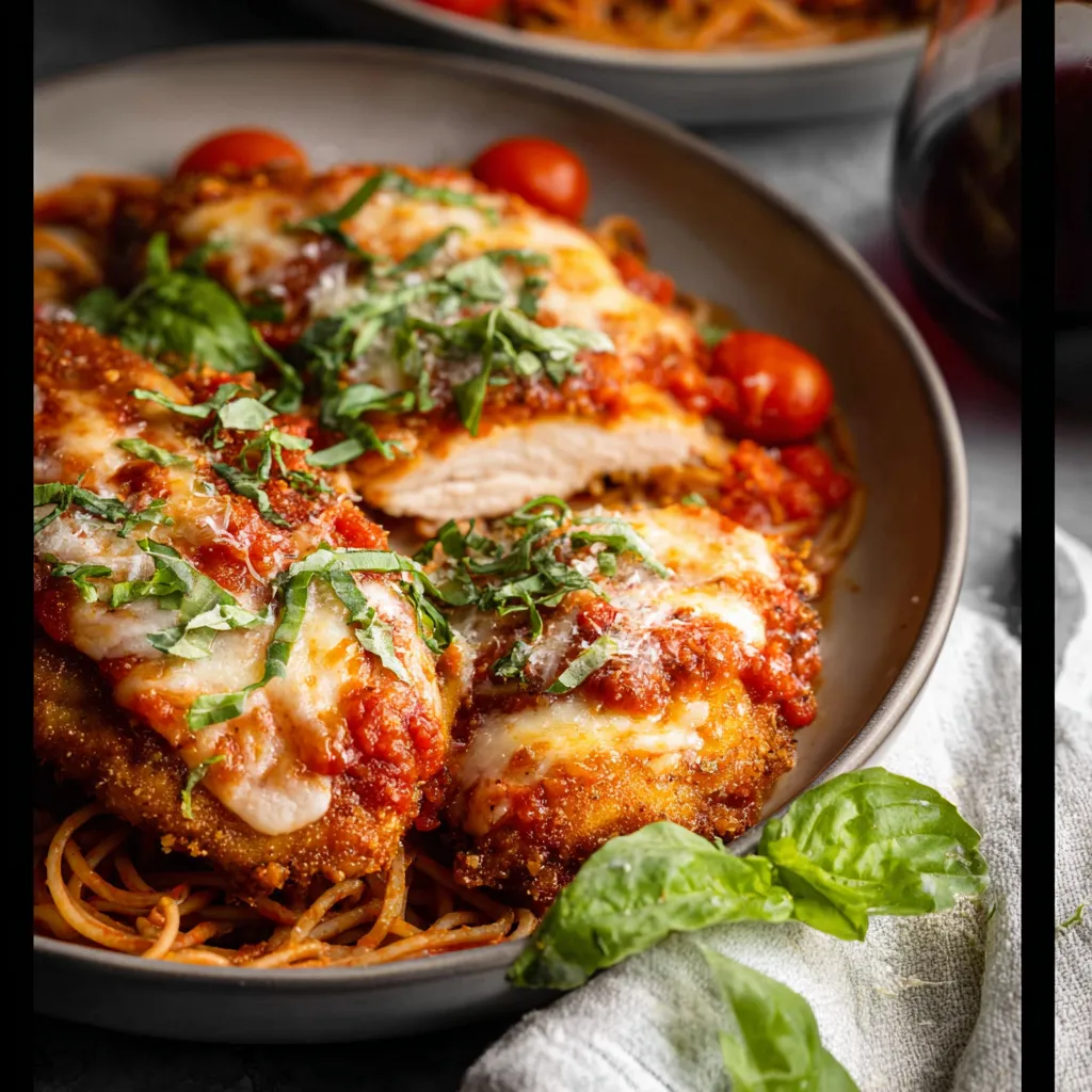 A plate of chicken Parmesan with tomatoes and basil.