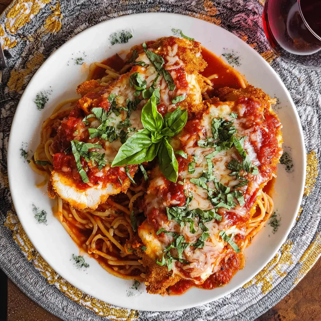 A plate of chicken parmesan with pasta.