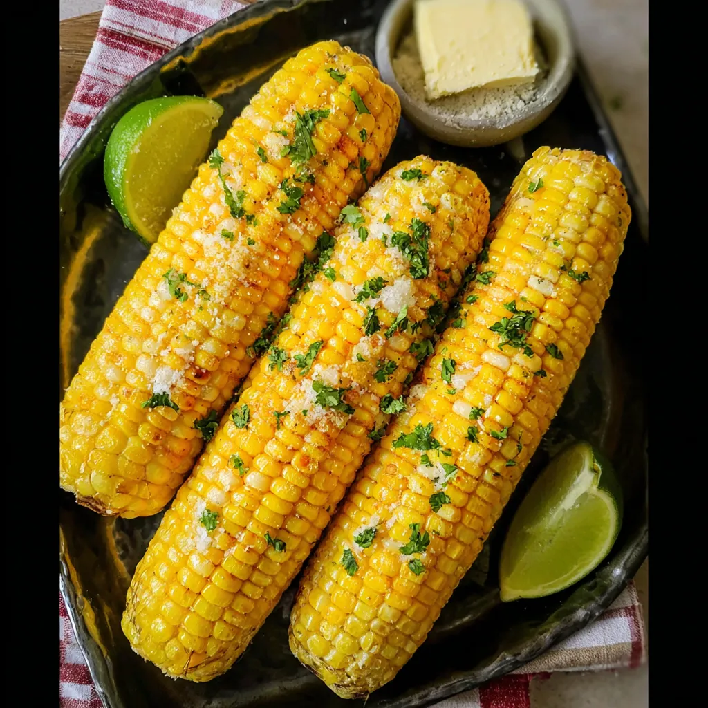 A plate of corn on the cob with lime wedges.