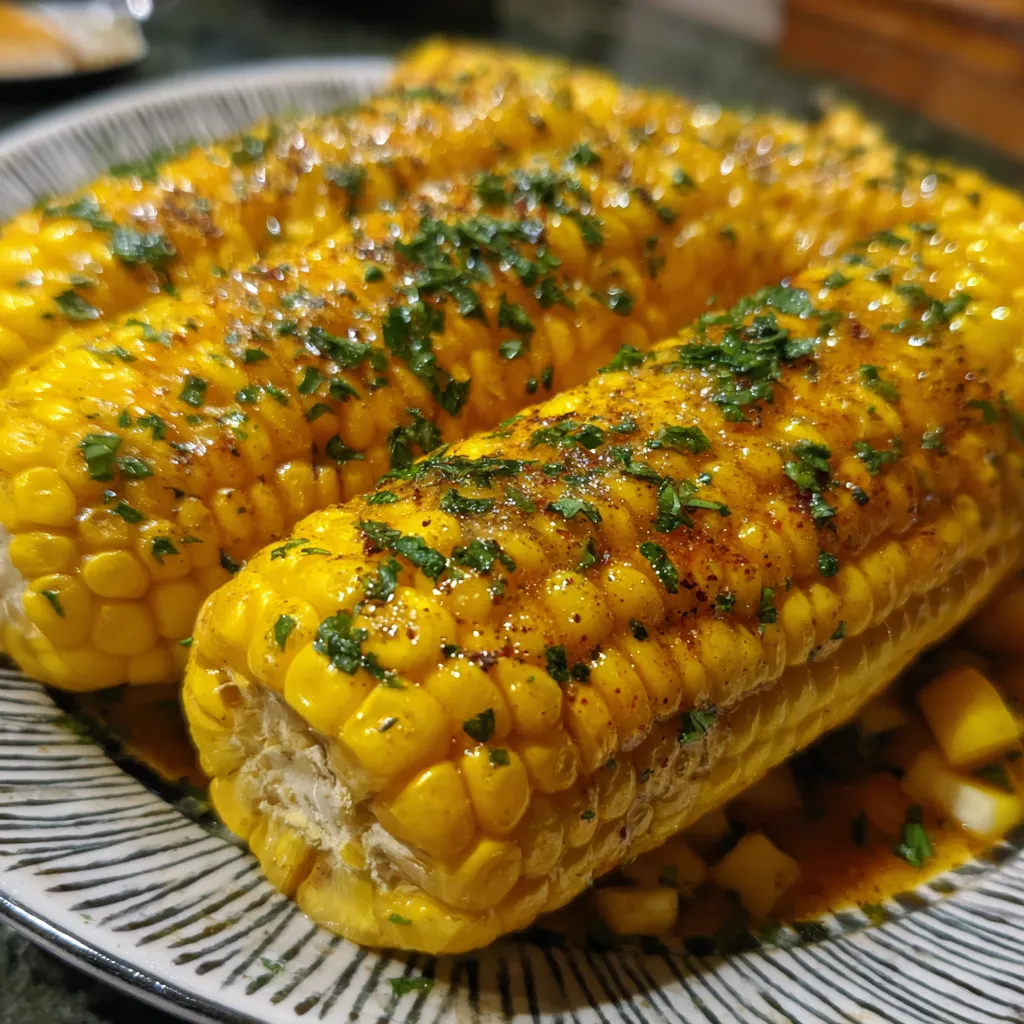 A plate of corn on the cob with seasoning.
