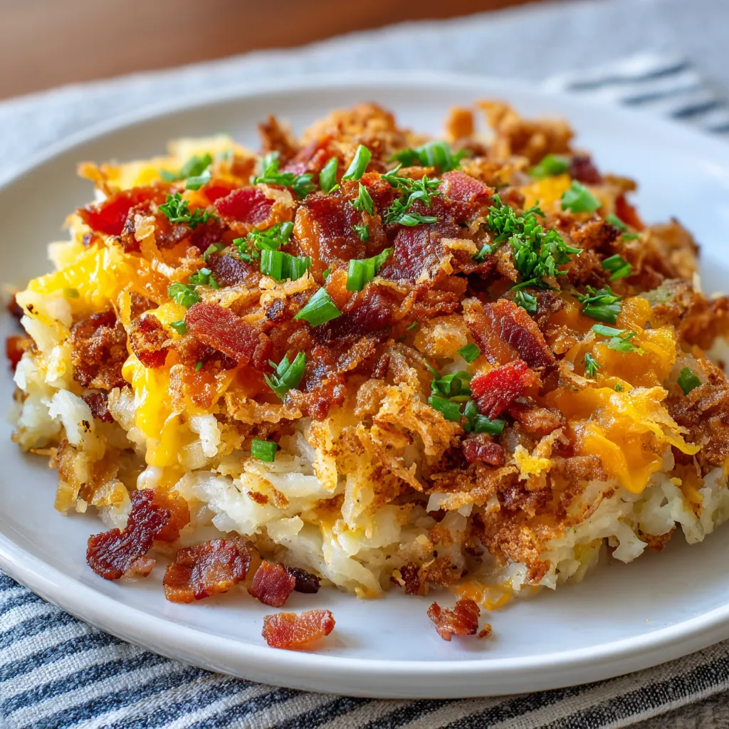 A plate of hash browns with bacon.