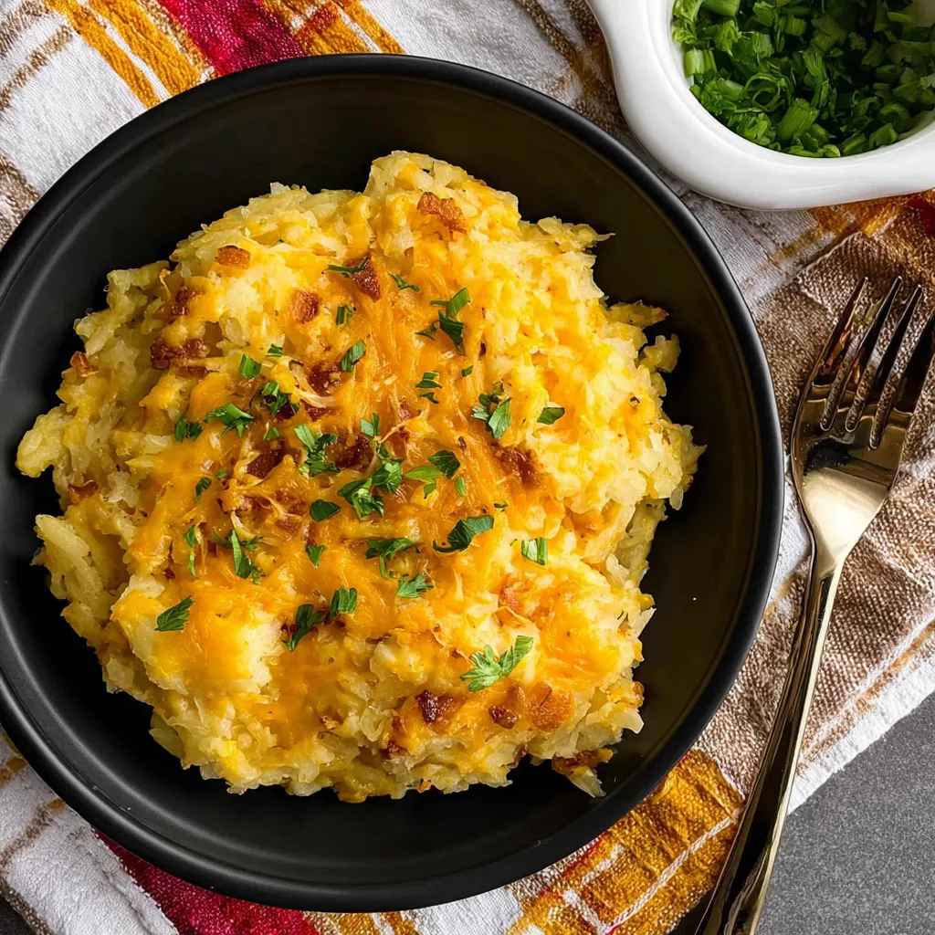 A bowl of hash brown potatoes.