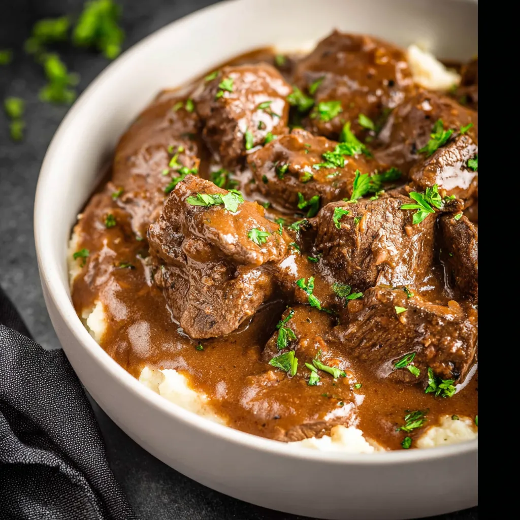 A bowl of meat and potatoes.