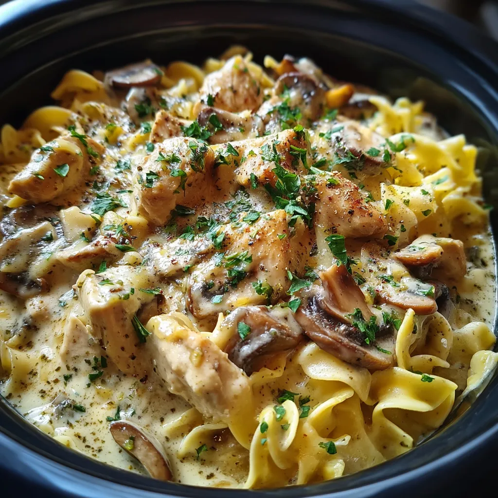 A bowl of chicken stroganoff.