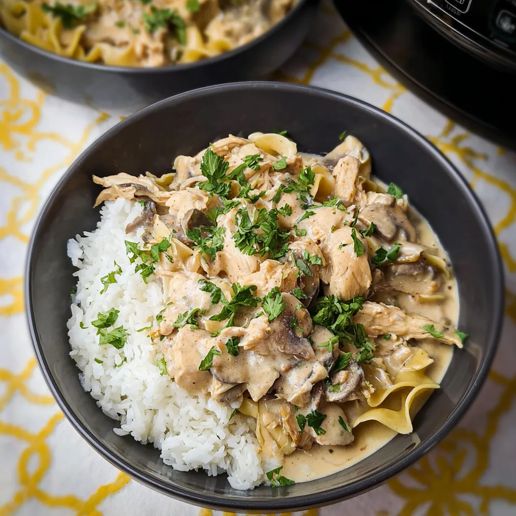 A bowl of chicken stroganoff.