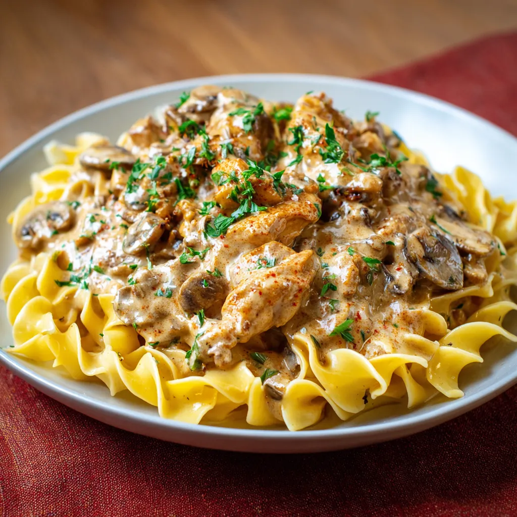 A plate of chicken stroganoff.