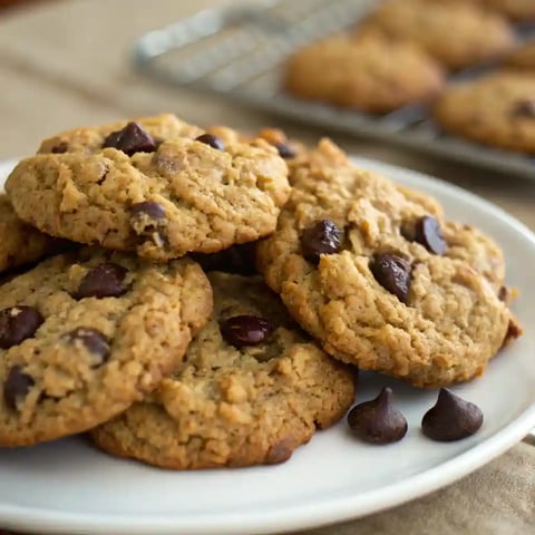 A plate of oatmeal chocolate chip cookies.
