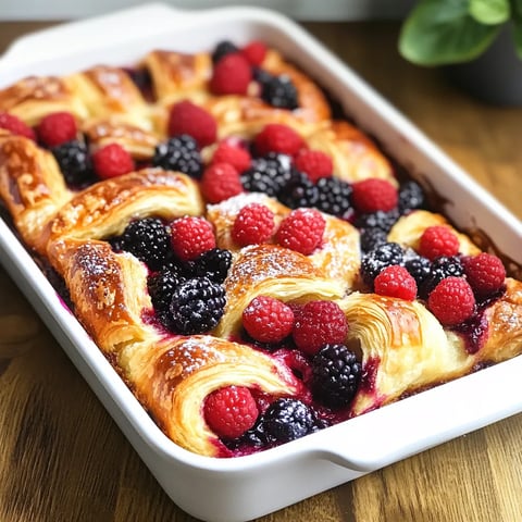 A croissant bake with berries and raspberries.