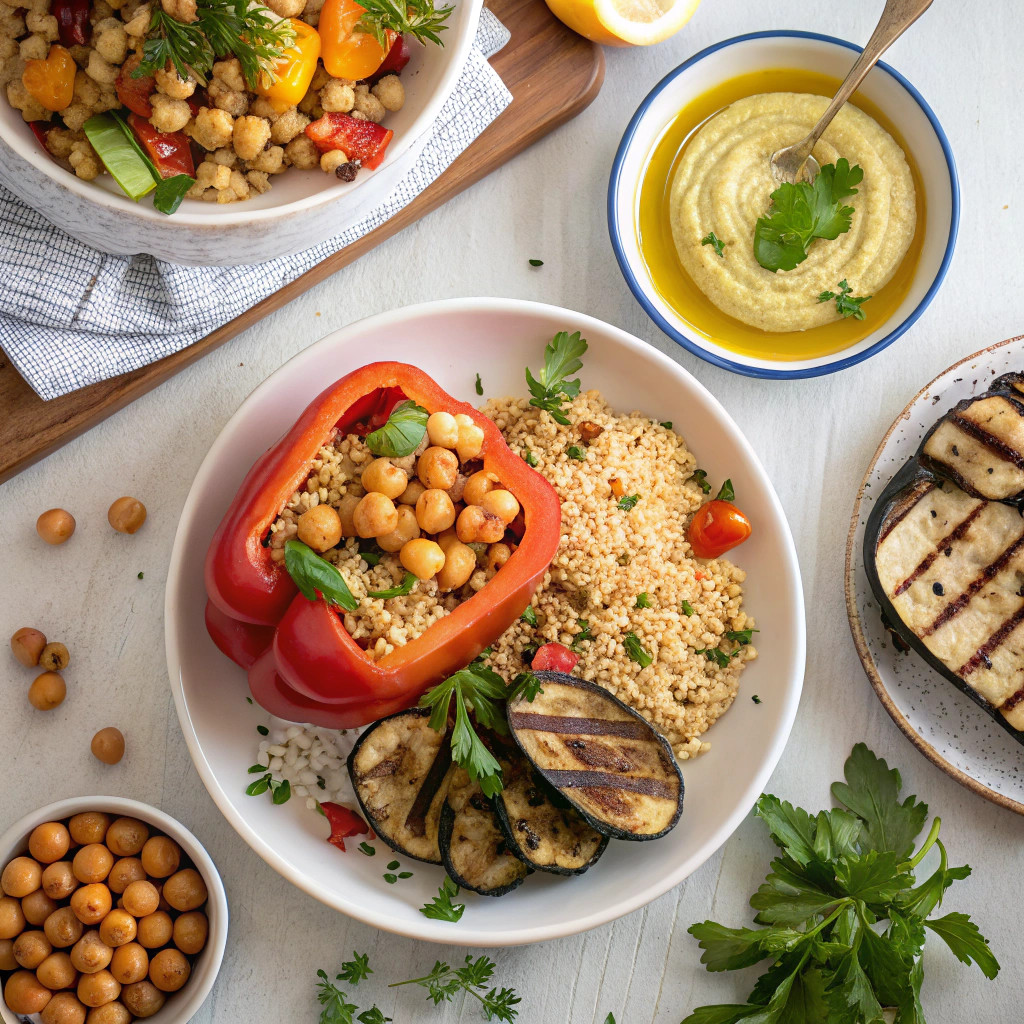 A vegetarian meal with rice, beans, peppers, and a dip.