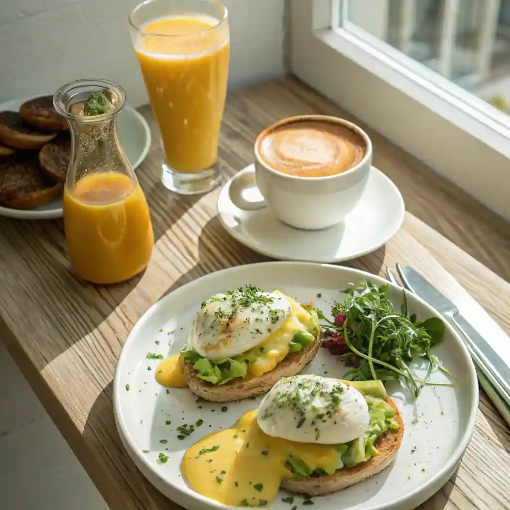 A breakfast plate with eggs, toast, and a glass of orange juice.