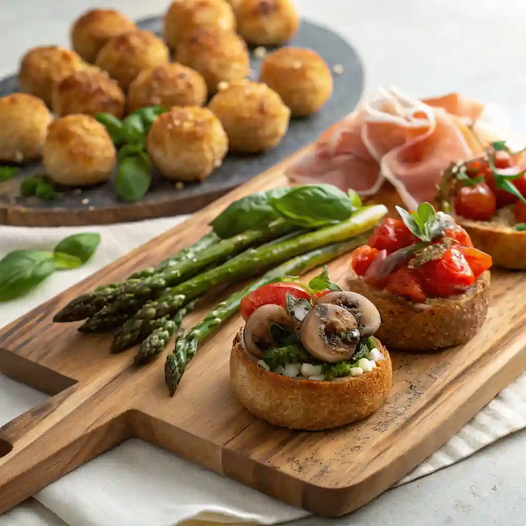 A wooden cutting board with a variety of appetizers.