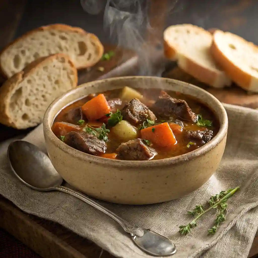 A bowl of soup with meat and vegetables.