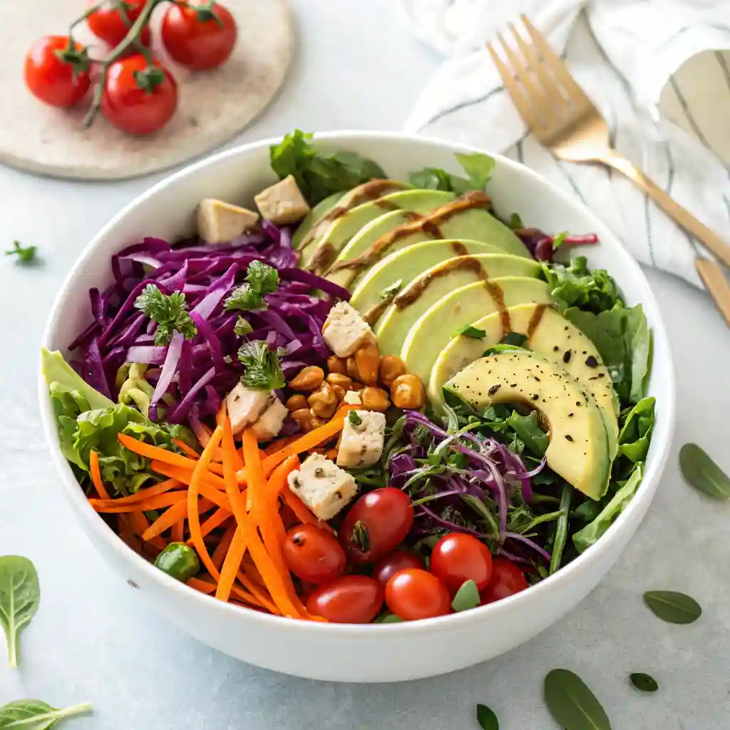 A bowl of salad with a fork and knife on the side.