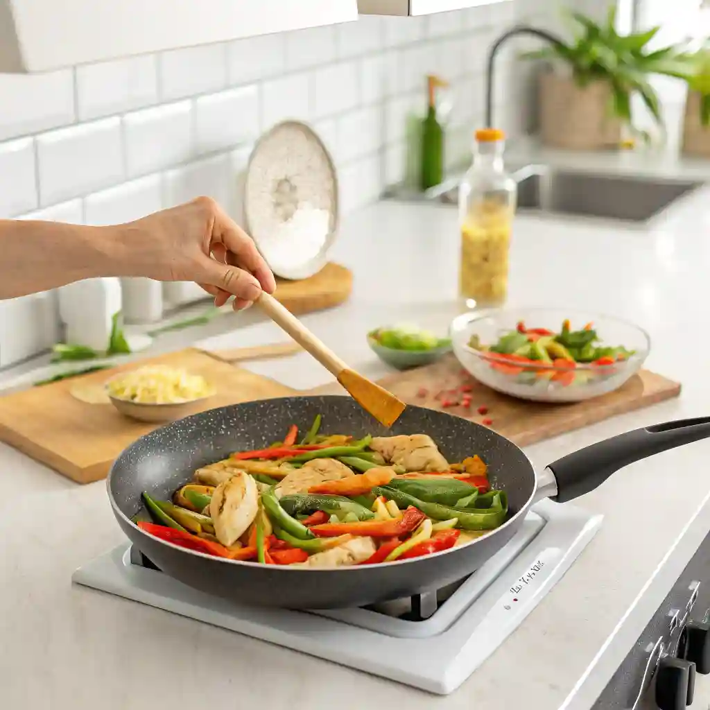 A person is stirring a pan of food.