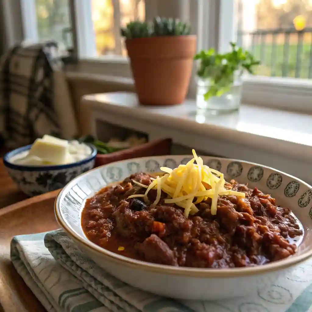 A bowl of chili with cheese on top.