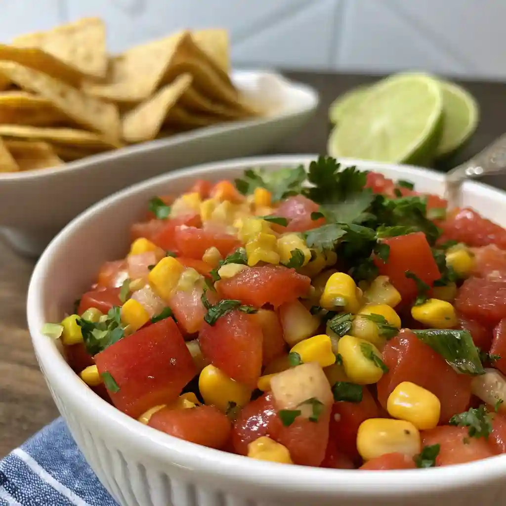 A bowl of salsa with tomatoes and corn.