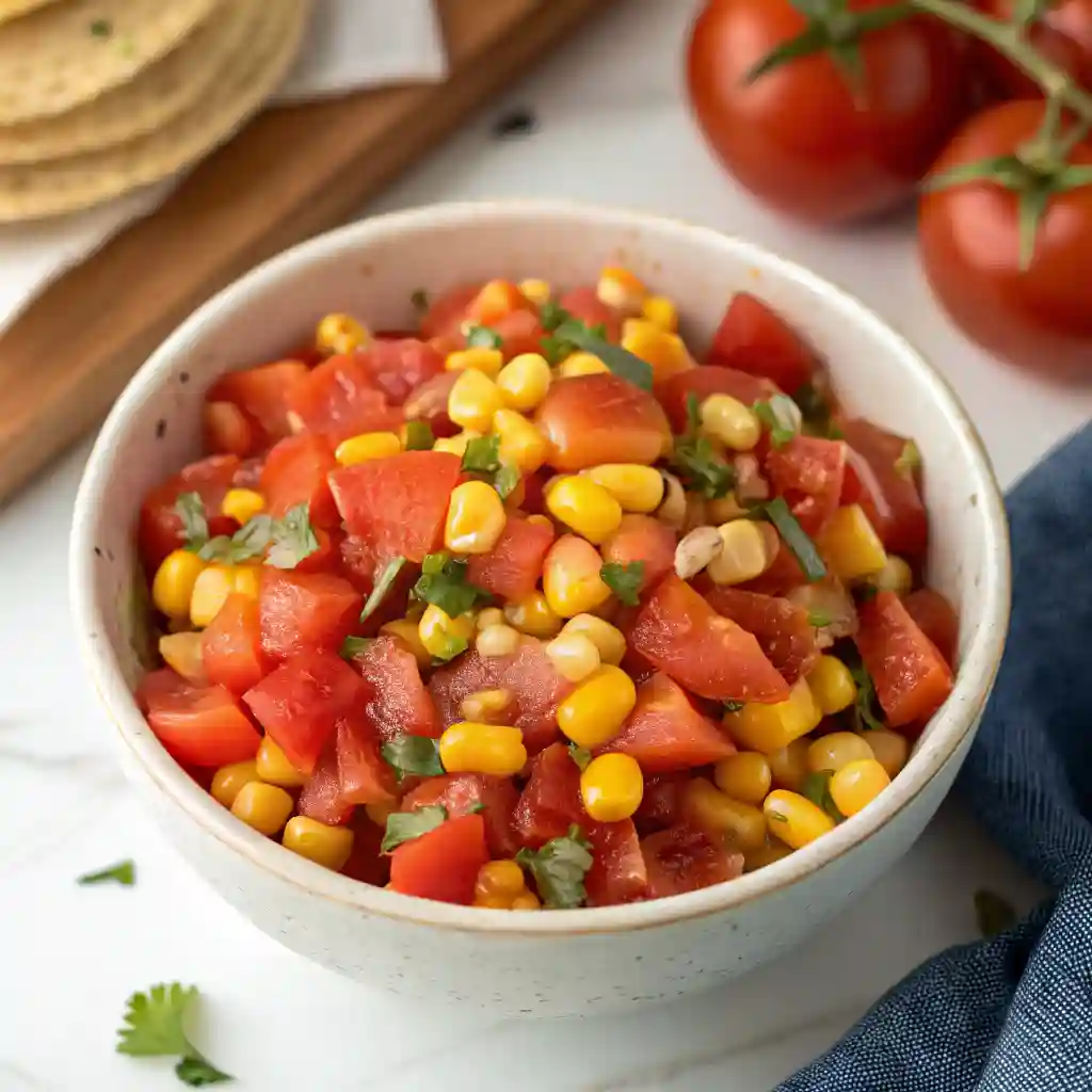 A bowl of salsa with tomatoes and corn.