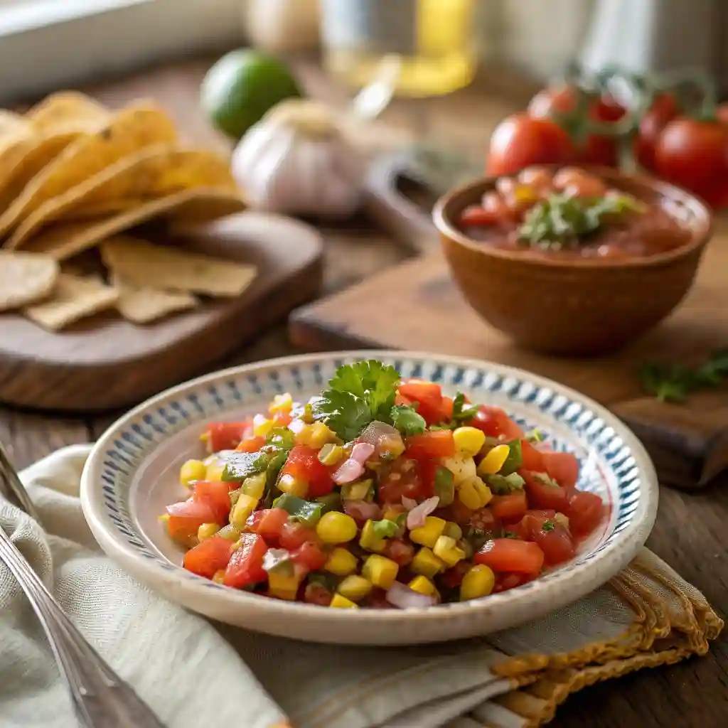 A plate of salsa with tomatoes and corn.