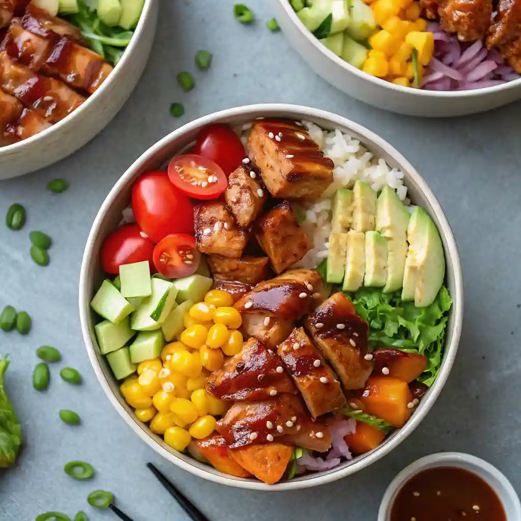 A bowl of food with chicken, rice, and vegetables.