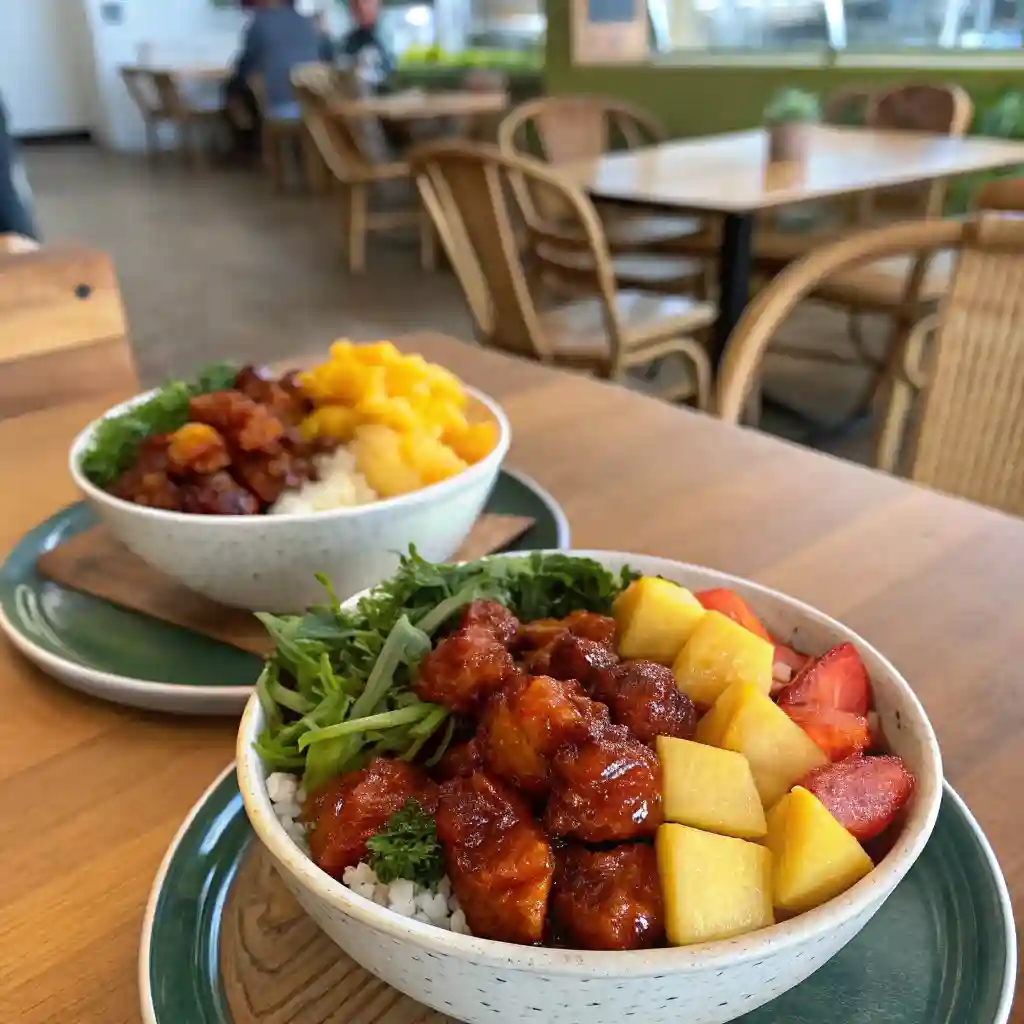 Two bowls of food on a table.