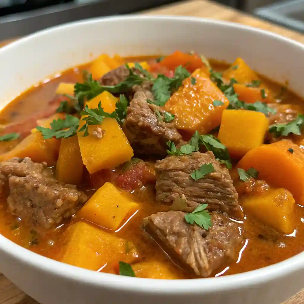 A bowl of beef and butternut squash stew.