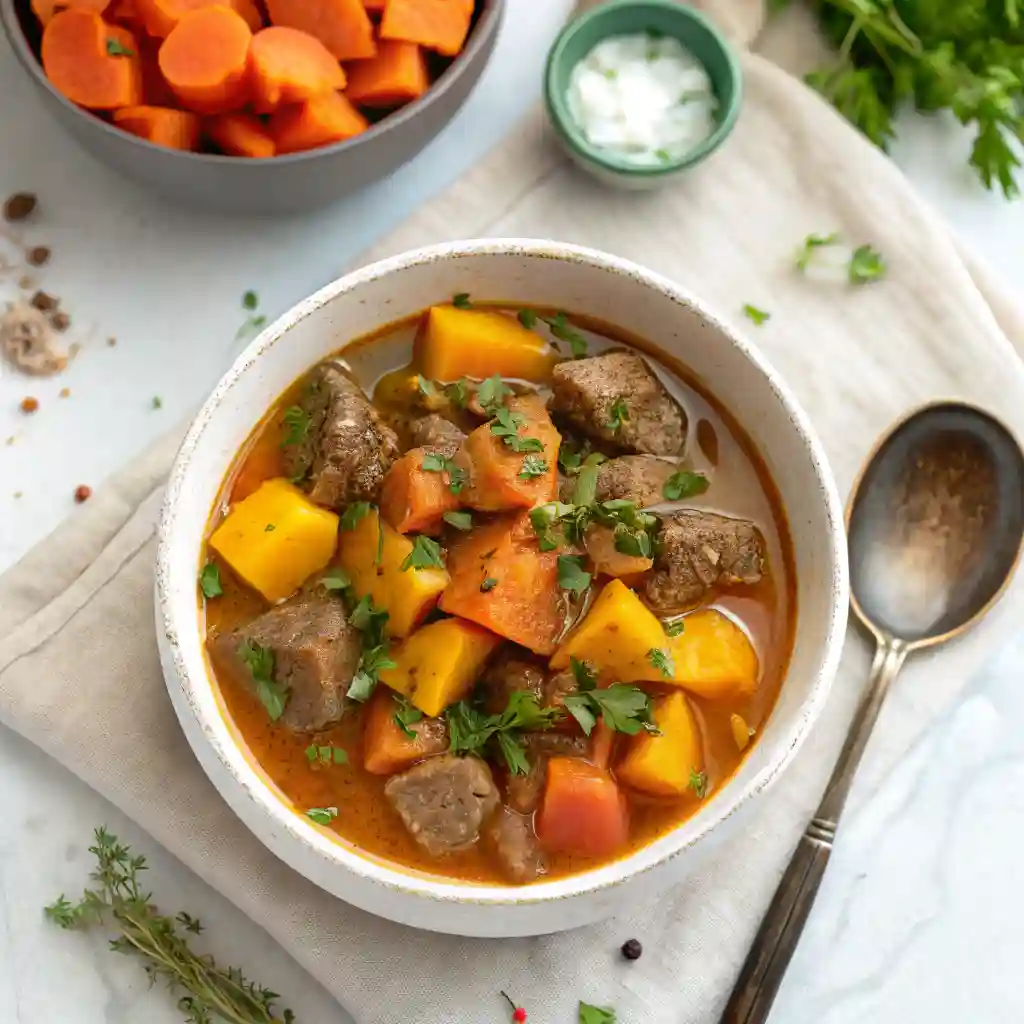 A bowl of beef and butternut squash stew.