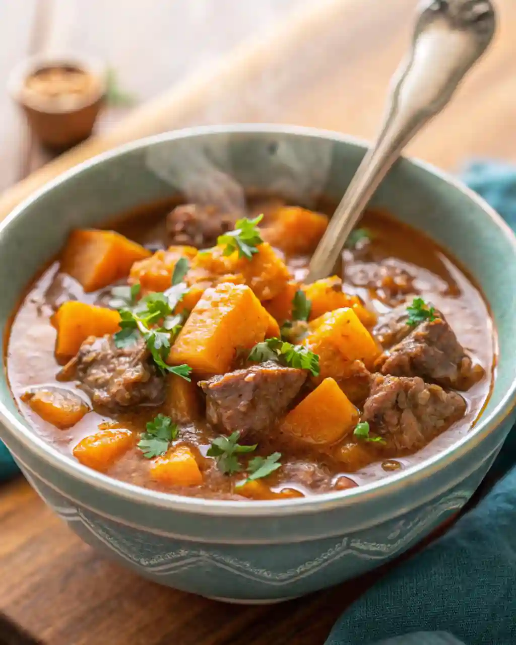 A bowl of beef and butternut squash stew.