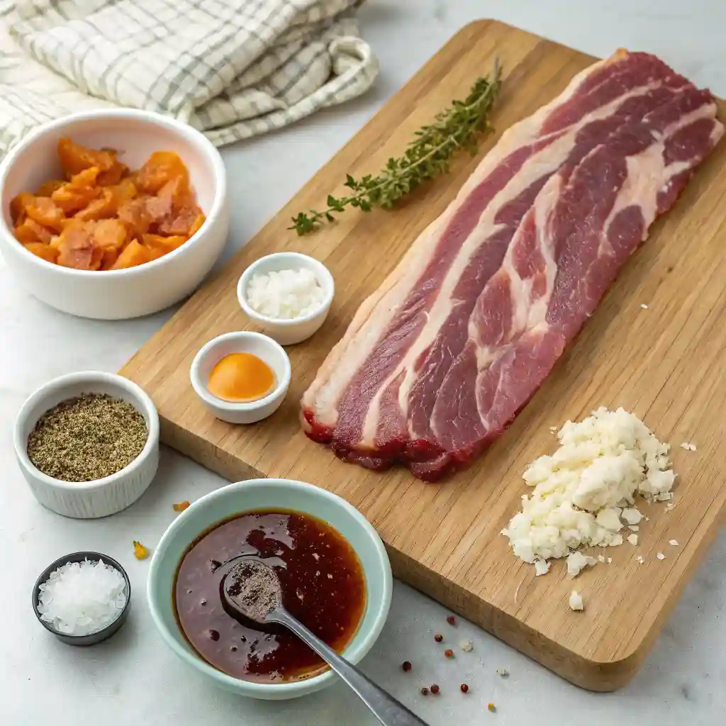 A pork tenderloin on a cutting board with seasonings and sauce.