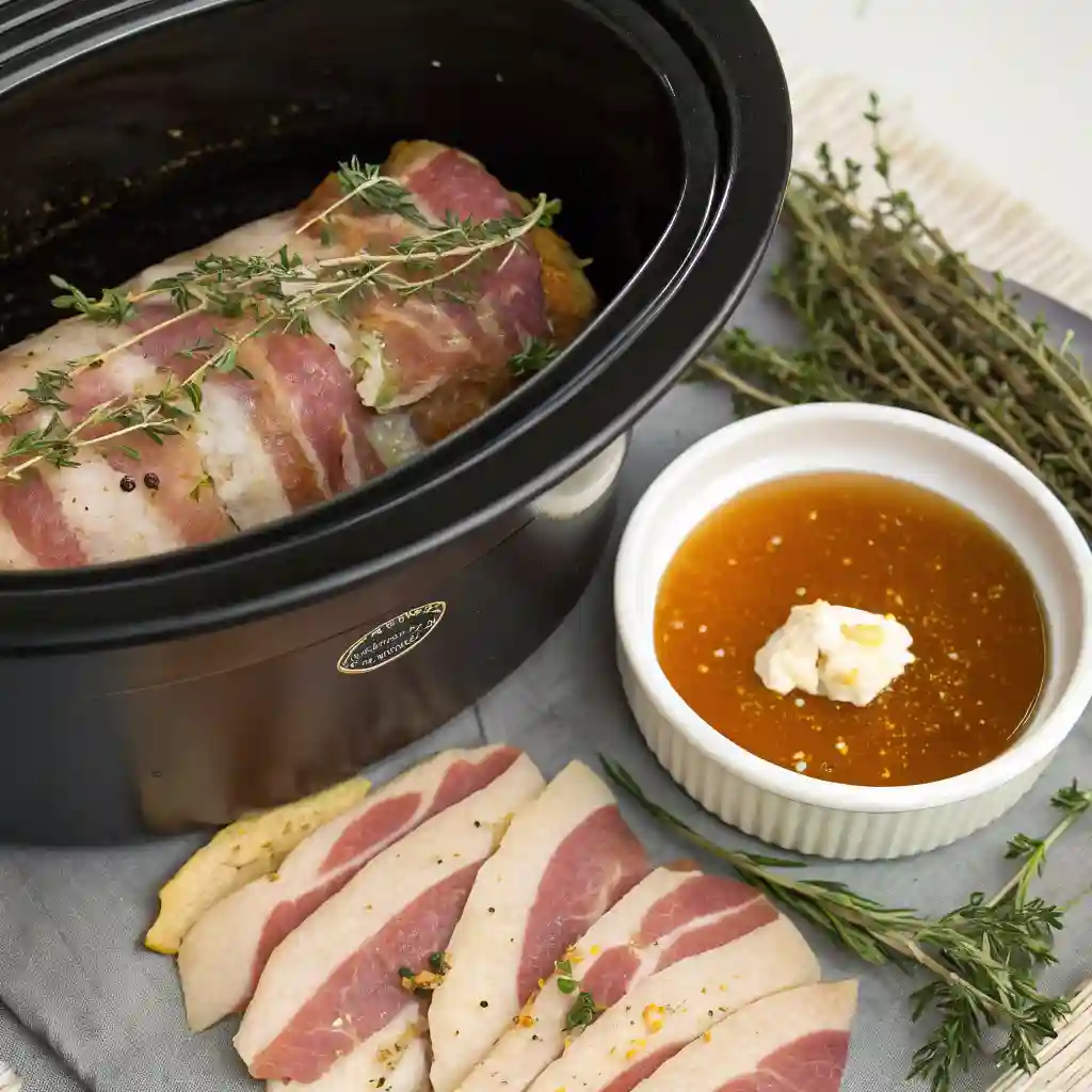 A slow cooker with a pork roast in it.