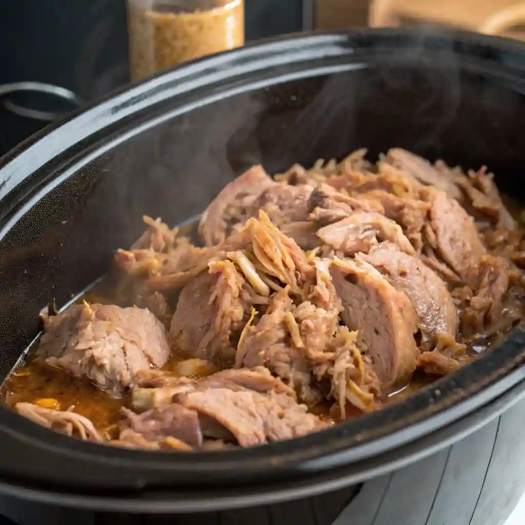 A slow cooker with Kalua pork in it.
