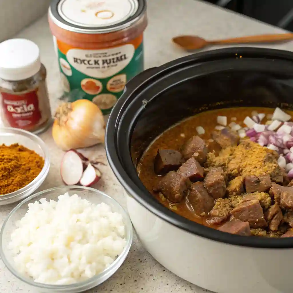 A slow cooker filled with beef curry.