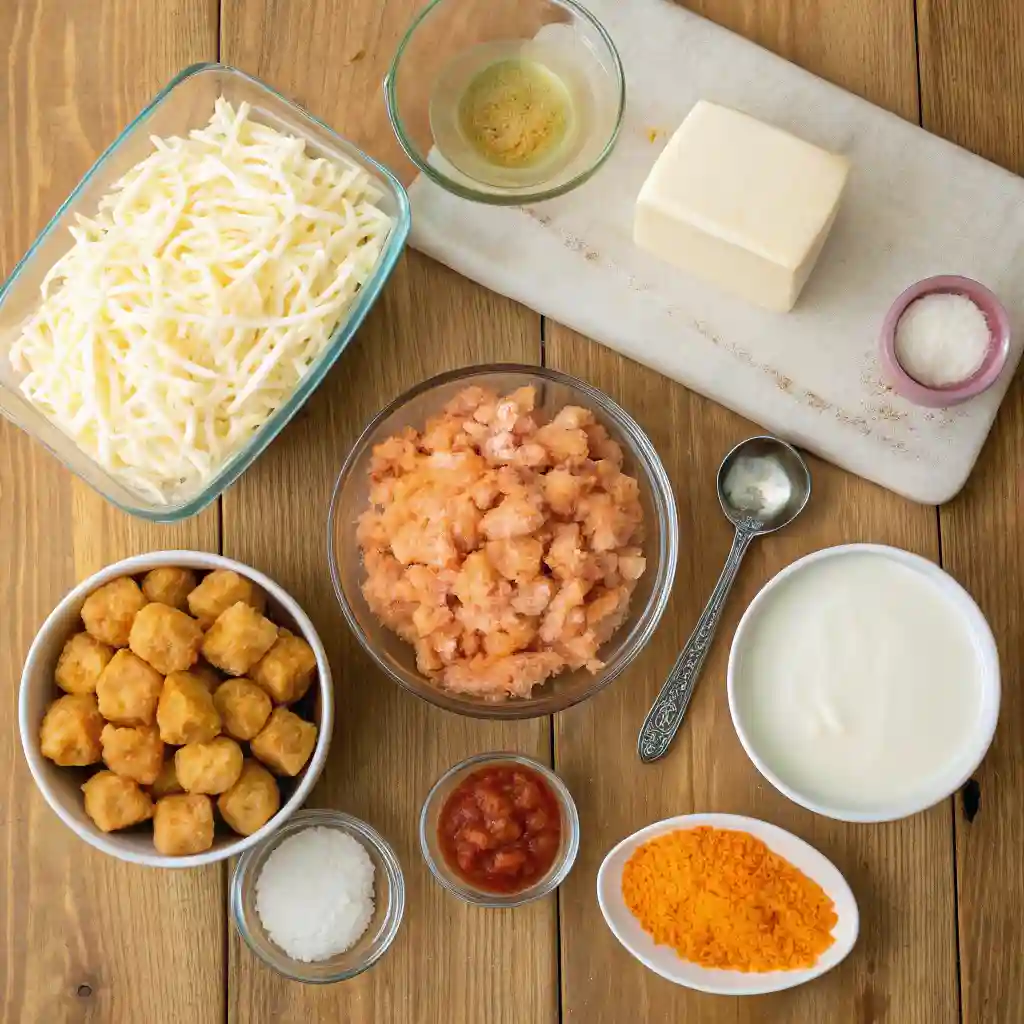 A table with ingredients for a buffalo chicken tater tot casserole.