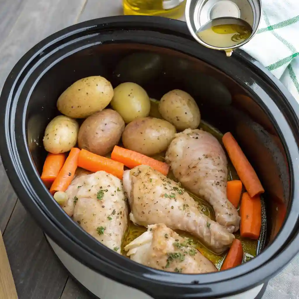 A pot of food with carrots, potatoes, and chicken.