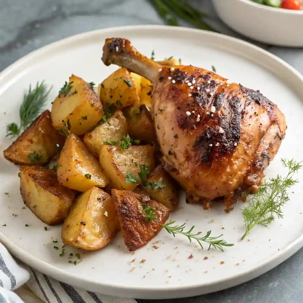 A plate of food with a chicken and potatoes.