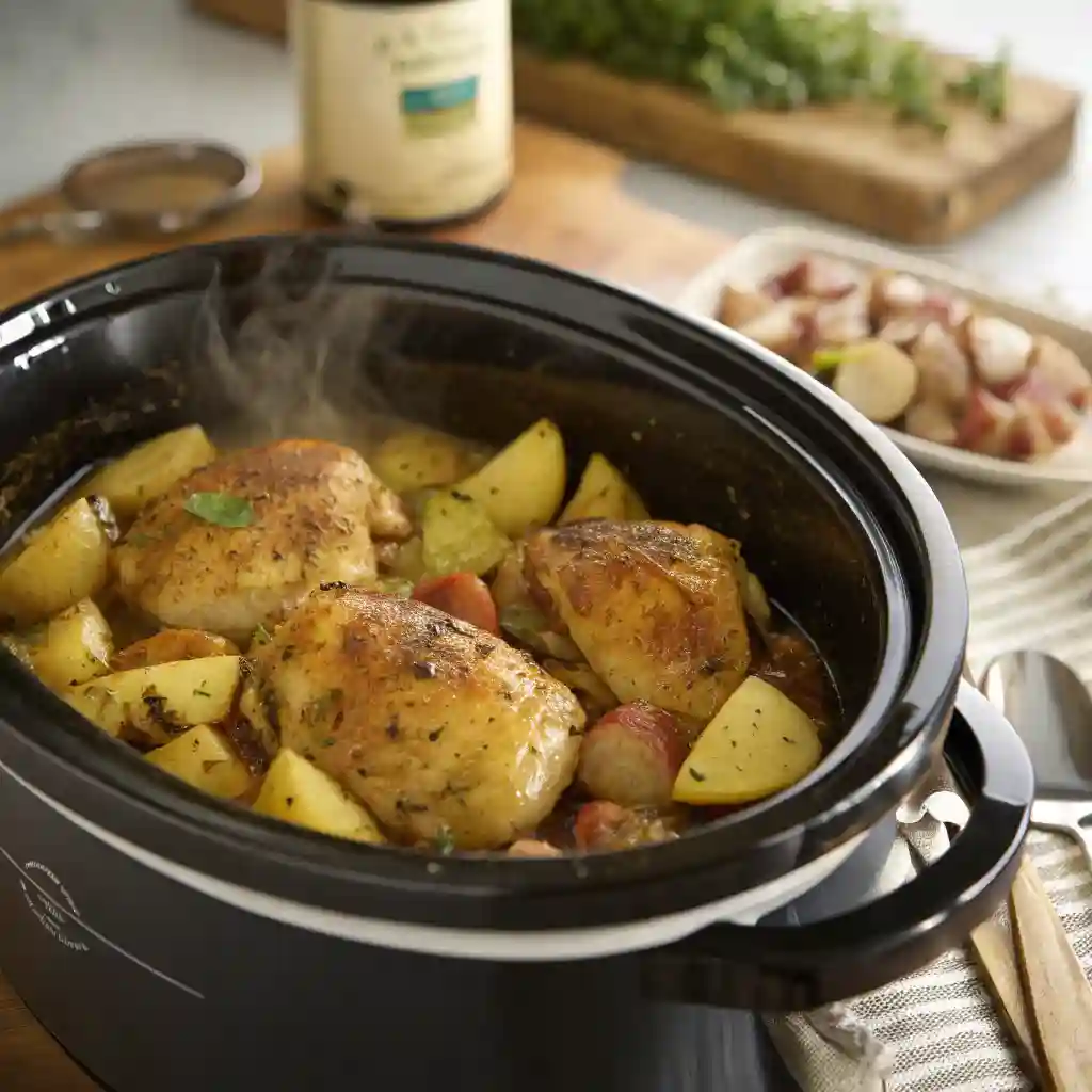 A pot of food on a stove.
