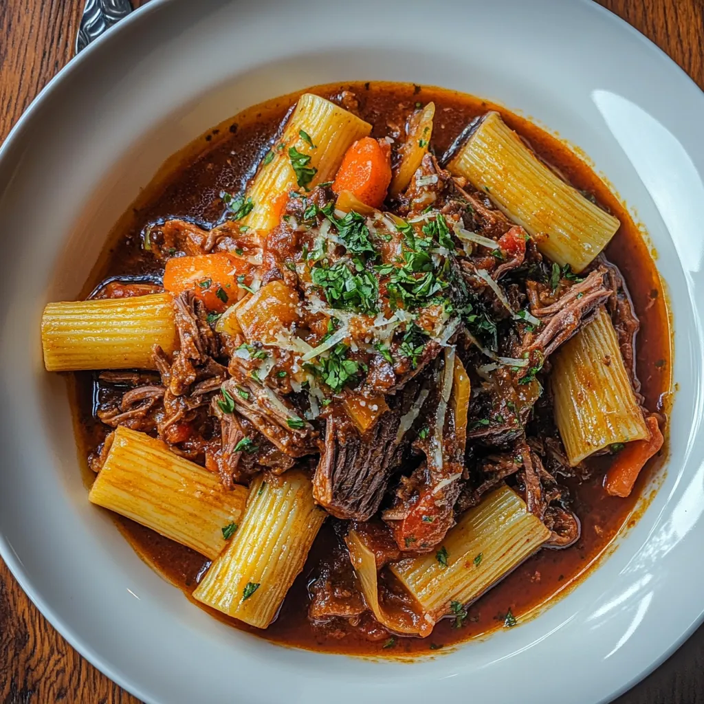 A plate of braised beef ragu with pasta.