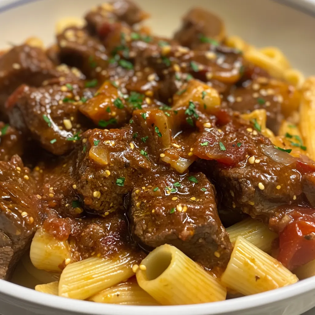 A bowl of braised beef ragu with pasta.