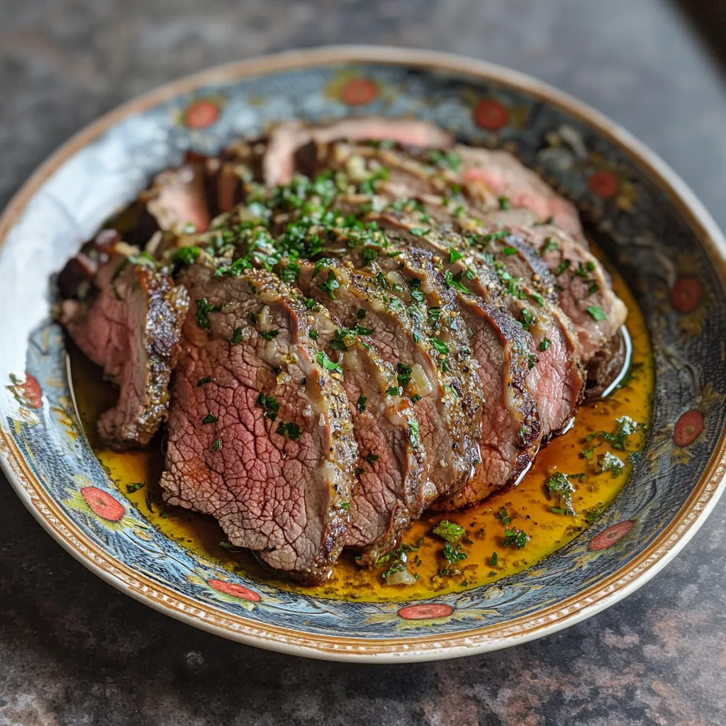 A plate of roast beef with herbs on it.